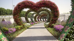 Exploring Dubai Miracle Garden at the heart walkway